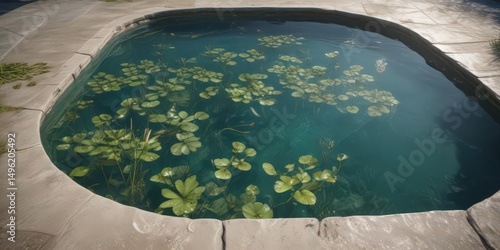 Intricate aquatic plant footprint design in pool's surface, water, photography