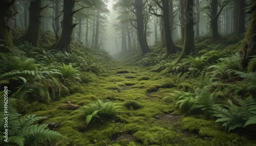 Deep green ferns and moss carpet forest floor, vegetation, macro, ecosystem