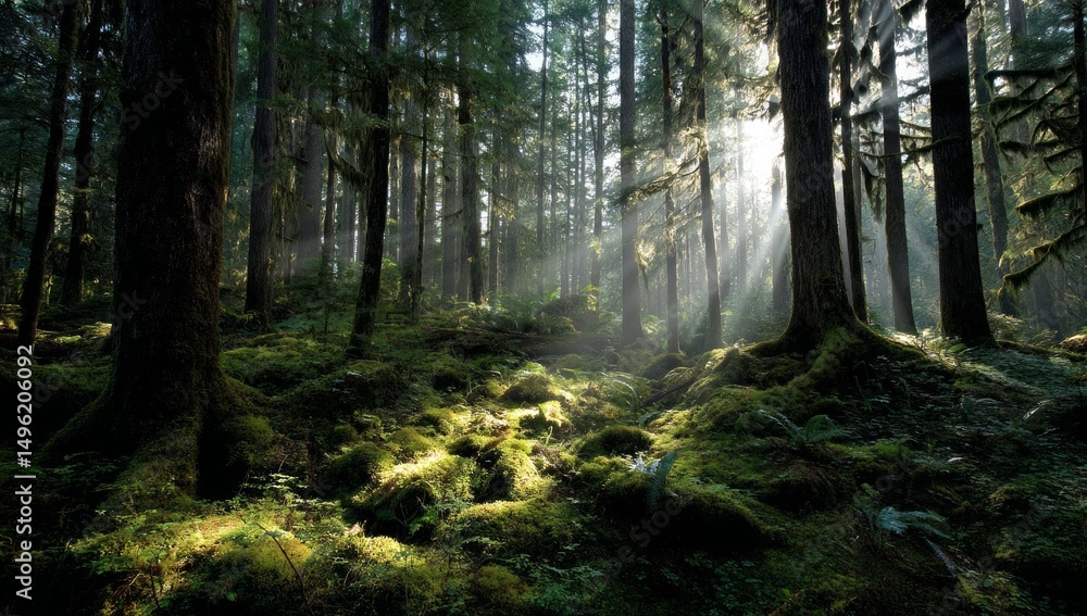 Obraz premium Sunbeams in a Lush Green Forest