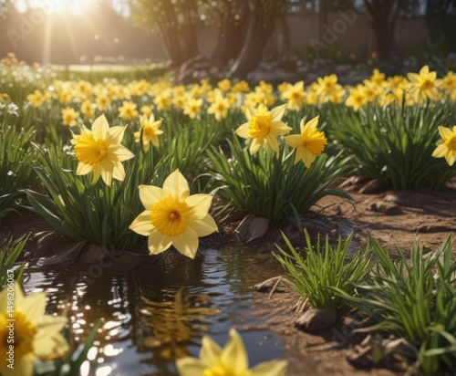 Vibrant daffodil blossoms bathe in sunlight, idyllic rural scene , green, petals