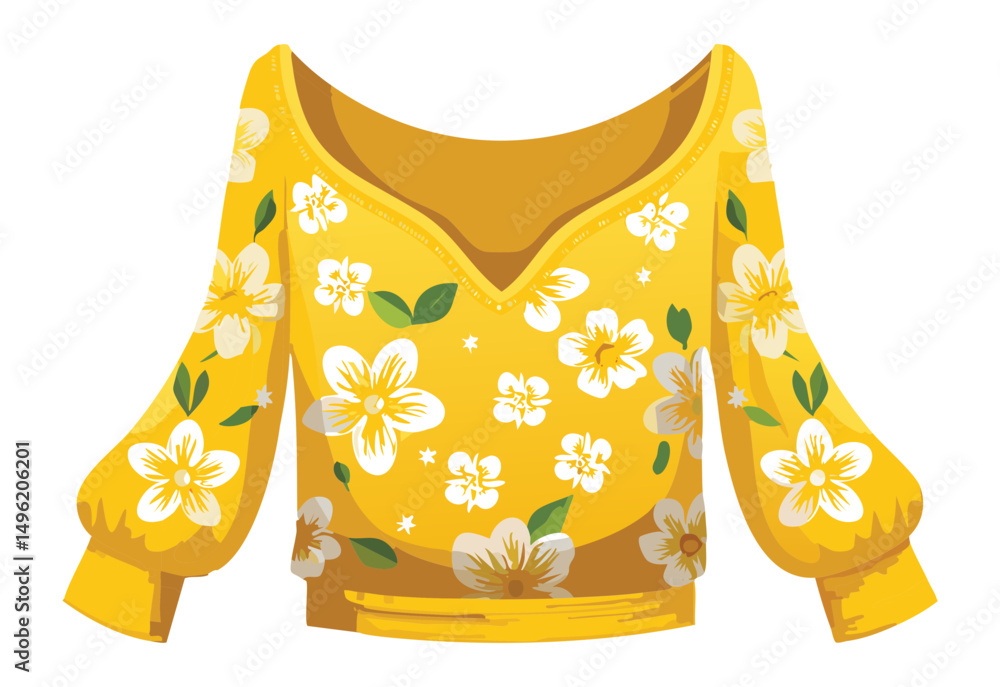 Obraz premium Yellow Floral V-Neck Blouse Casual Wear - Vector Illustration
