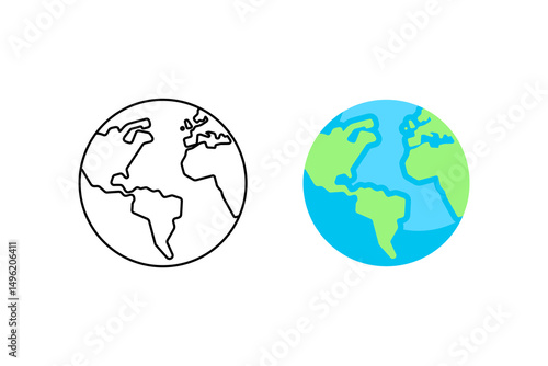 Earth icon marked with line style and flat blue and green color style is suitable for environmental themes, Earth Day promotions, global concepts, educational materials.