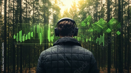 A futuristic AR headset view showing real-time ESG fund performance charts hovering in a forest environment as the wearer walks among trees