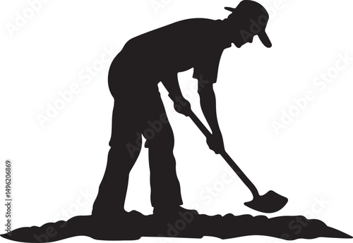 Farmer Hoeing the Soil Silhouette Vector Illustration on Transparent Background