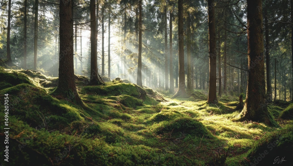 Obraz premium Sunlit Forest Path With Mossy Ground