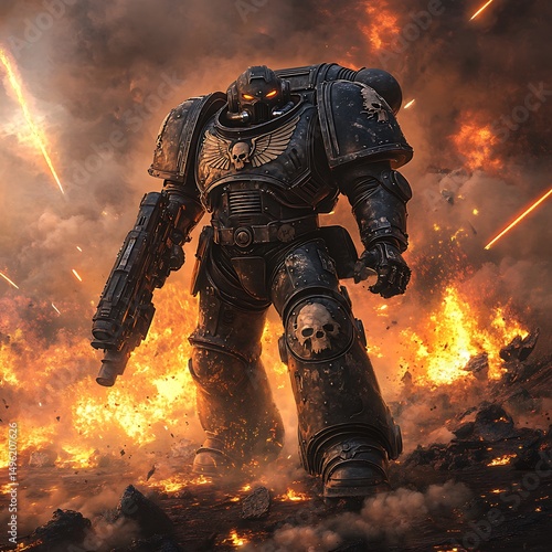 Powerful warrior figure in dark armor amidst intense battle.