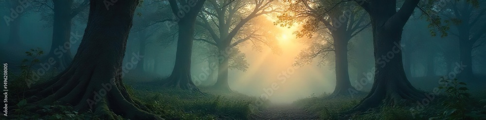 Fototapeta premium Mysterious, hazy forest scene at dawn Sunlight struggles to pierce the thick fog, illuminating ancient trees and a lush undergrowth Perfect for fantasy or mystery themes , sunrise, environment