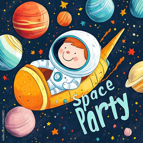 Cute astronaut in a spaceship, celebrating a space party.
