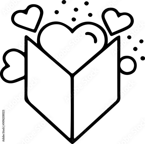 Open book with hearts and dots coming out. Abstract drawing for reading, learning, or Valentine's Day. Simple icon of love story.