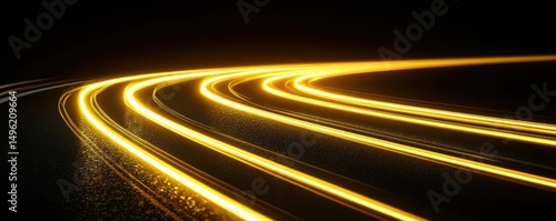 Golden light trails curve across a dark asphalt surface, creating a dynamic and abstract composition