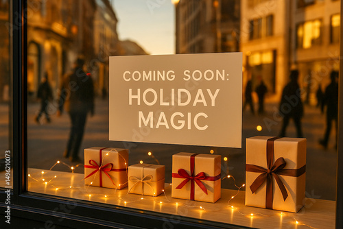 Holiday store window with wrapped gifts and festive lights