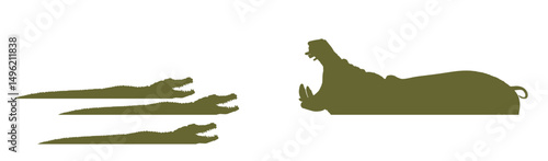 Open jaws crocodile attack hippopotamus vector silhouette illustration isolated. Survivor watering place battle reptile vs hippo angry animal. Wildlife water conflict predator carnivore lurking prey.