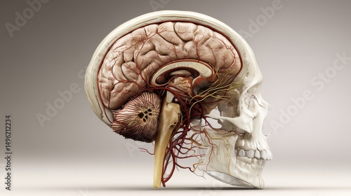 Detailed Anatomical Illustration of Human Brain and Skull Featuring Blood Vessels and Nerve Pathways in a Scientific Style