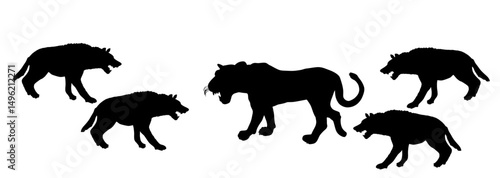 Hyenas pack attack lioness vector silhouette illustration isolated. Angry beast danger animal battle for life and food. Wild cat carnivore fight vs female pride wildlife Africa survival conflict.