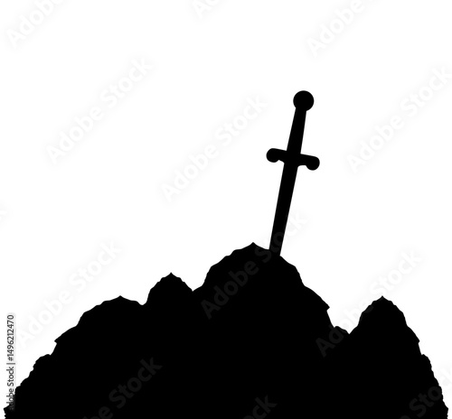 Stuck in stone sword of king Arthur silhouette illustration isolated. Blade sword Excalibur in rock knight weapon symbol shape. Fairy tale England legend. Britain story about brave man.