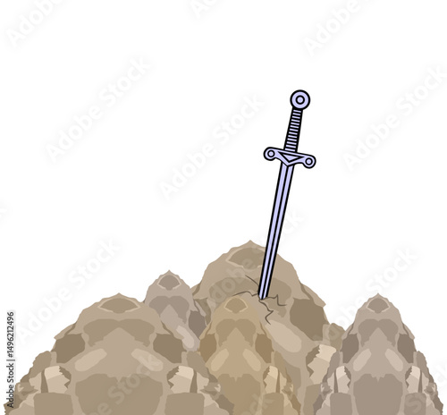 Stuck in stone sword of king Arthur illustration isolated. Blade sword Excalibur in rock knight weapon symbol. Fairy tale England legend. Britain story about brave man.