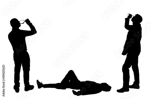 Social problem drunk addict people drink alcohol beverage in glasses vector silhouette isolated. Crew party friends celebrating night life. Risk behavior unconscious drunk man lies down pass out.