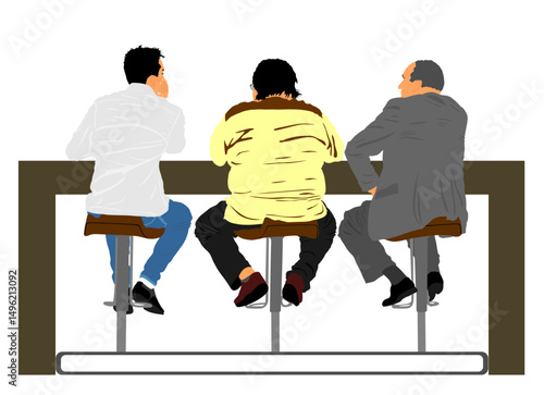 People sitting in bar and drinking alcohol beverage vector illustration isolated. Crew party friends night life guests. Drunk man businessman crew meeting talk. Relax conversation friendly talking.