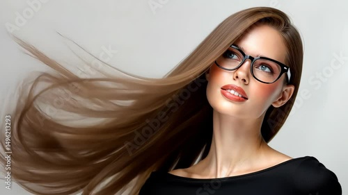 Wallpaper Mural Elegant Woman with Flowing Hair and Glasses: A beautiful woman with long, flowing hair and stylish glasses gazes upward, exuding an air of sophistication and beauty. Capturing grace. Torontodigital.ca
