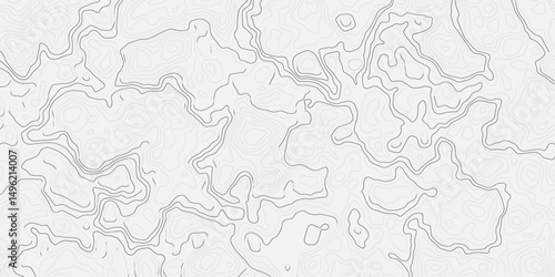 Abstract light gray and white abstract topographic map illustration with contour wavey lines, showing elevation changes and terrain features in a stylized  topo.