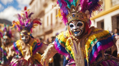 Colorful masked dancers in elaborate costumes during a celebration.