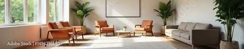 A tranquil, modern mediation center interior featuring comfortable seating arrangements and neutral decor, promoting a calm atmosphere for conflict resolution ,  quiet,  discussion