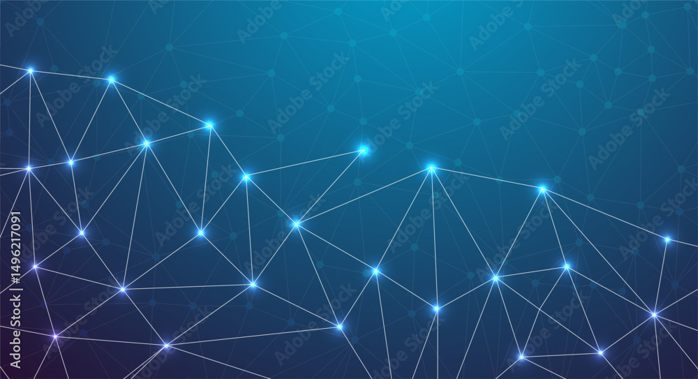Fototapeta premium Abstract blue background with glowing stars and digital patterns, Low Poly Network Connection Background - Futuristic Blue Digital Design.