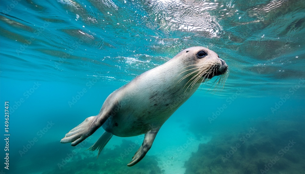 Obraz premium close up of a playful seal swimming underwater in crystal clear turquoise water capturing the beauty of marine life