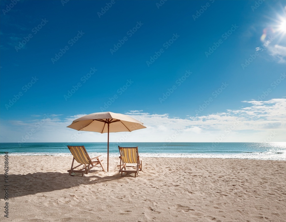 beach umbrella with chairs on the sand in the background blue sky with sunny day text space for summer poster beach umbrella with chairs on the sand in the background blue sky with sunny day text space for summer poster