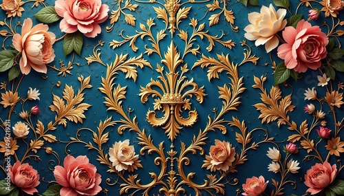 Intricate floral damask wallpaper, elegant gold accents, repeat, graphic, leaves