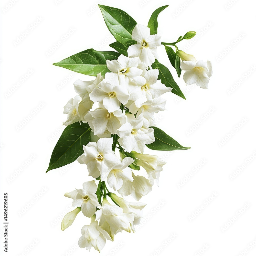 A cluster of delicate white blossoms and vibrant green leaves, artfully arranged against a stark white backdrop, showcasing the floral detail and natural elegance A cluster of delicate white blossoms and vibrant green leaves, artfully arranged against a stark white backdrop, showcasing the floral detail and natural elegance
