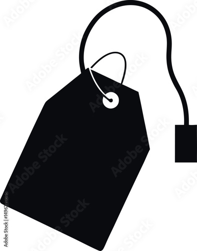 
Black Silhouette of Tea Bag with String and Tag Isolated on White