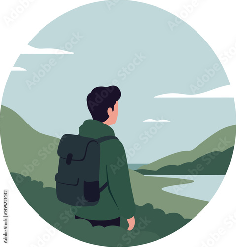 Male hiker with backpack admiring peaceful mountain lake landscape vector illustration in nature setting 
