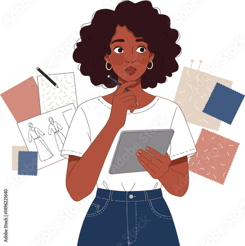 Woman fashion designer using tablet with fabric swatches and sketches in creative workspace illustration 