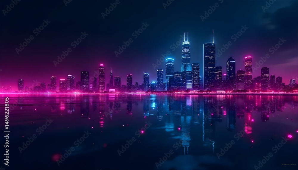 Obraz premium Futuristic Neon Cityscape with Abstract Waves and Digital Glow - AI Generated Art 