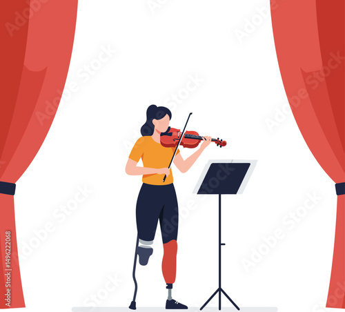 Woman with prosthetic leg playing violin on stage between red curtains vector illustration 