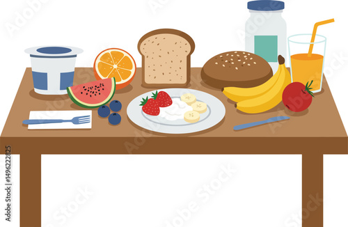 Healthy breakfast spread with fruit toast eggs yogurt juice and bread vector illustration 