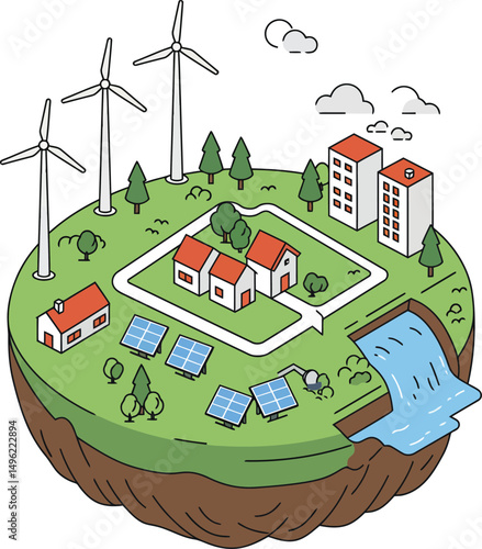 Sustainable eco friendly neighborhood with wind turbines solar panels and natural water source vector illustration 