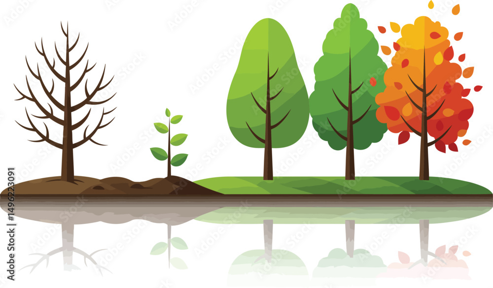 Fototapeta premium Tree growth stages illustrating seasonal changes with autumn leaves and green foliage in vector format