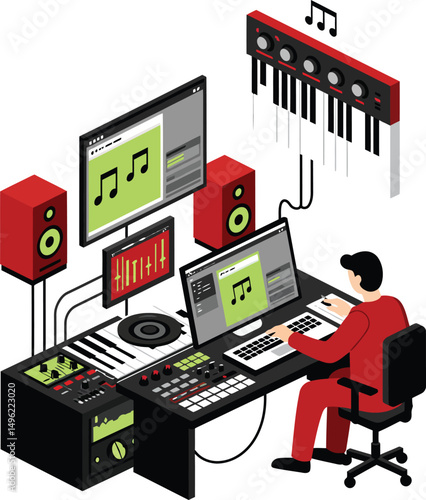 Music Producer Using Digital Audio Workstation and MIDI Keyboard in Modern Sound Studio Setup Vector Illustration 
