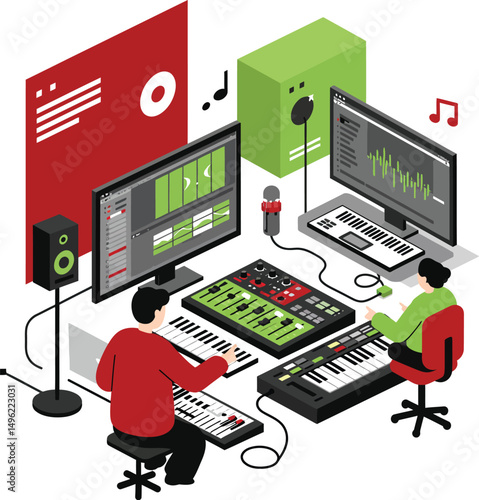 Music production studio with two people creating songs using synthesizers and computers in modern workspace environment 