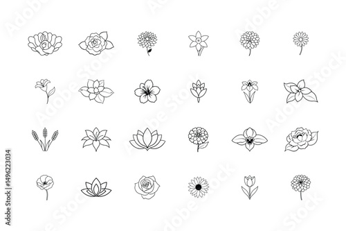 Flower outline vector icon set