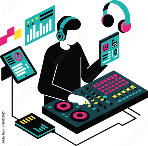 DJ mixing music with modern audio equipment and digital interface in vibrant vector illustration 