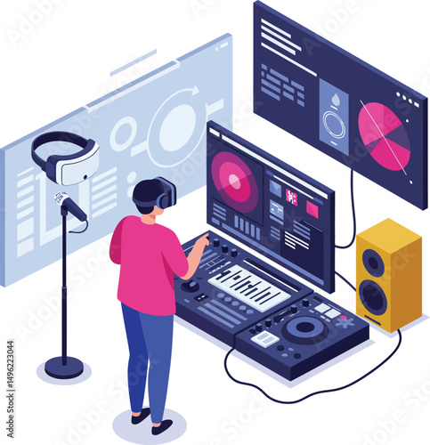 Music producer working with digital audio workstation and sound mixer in modern studio environment 
