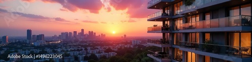 Modern condominium building complex with balconies overlooking a cityscape at sunset Luxury apartments, urban living, real estate development , downtown, facade, city