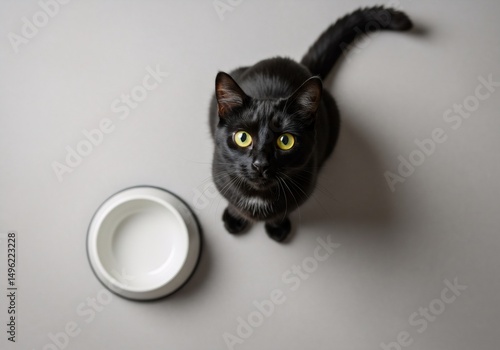 Black cat looking up next to an empty food bowl on a gray floor, waiting for food and looking with curiosity. Animal care