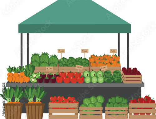 Fresh vegetable market stand with green canopy selling carrots apples lettuce and other produce illustration vector 