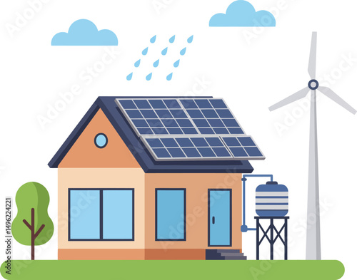 Solar Powered House with Wind Turbine and Rainwater Collection Sustainable Energy Home Vector Illustration 
