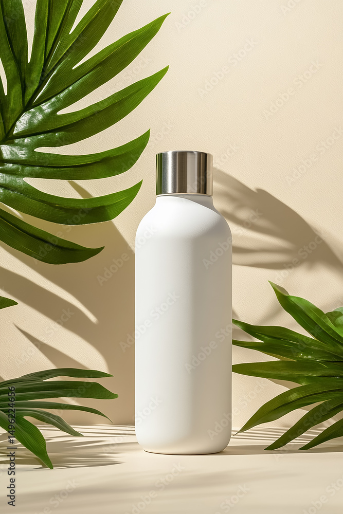 PNG White Water Bottle with Stainless Cap on Beige PNG White Water Bottle with Stainless Cap on Beige