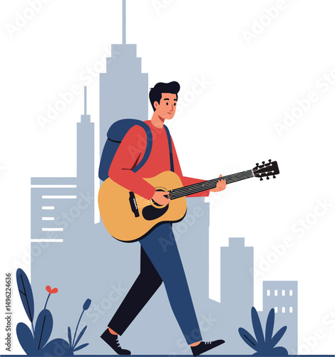 Young man walking playing guitar with city skyscrapers background urban lifestyle vector illustration 